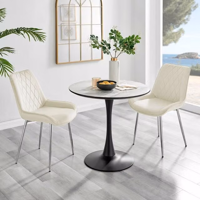 FurnitureboxUK Elina White Marble Effect Round Dining Table and 2 Pesaro Silver Chairs in Cream