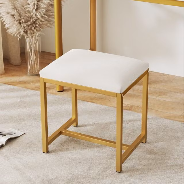 COSTWAY Modern Rectangular Compact Vanity Stool with Gold Metal Frame and Fabric Seat