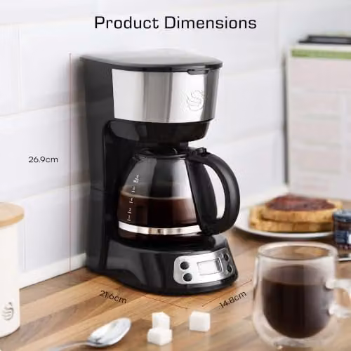 Swan Programmable Filter Coffee Machine with Digital Timer and Glass Jug, Black, 0.75 l – 12