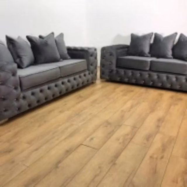 Stratus Interiors Ashley Luxe Grey Velvet Chesterfield L-Shape Scatter Back Sofa with Included Scatter Cushions – 1