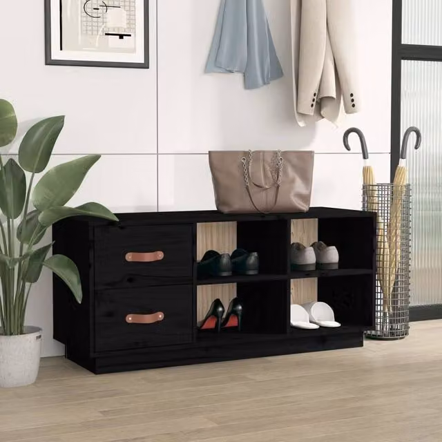 Berkfield Home Black Solid Pine Wood Shoe Bench, W/D/H: 100 x 34 x 45 cm
