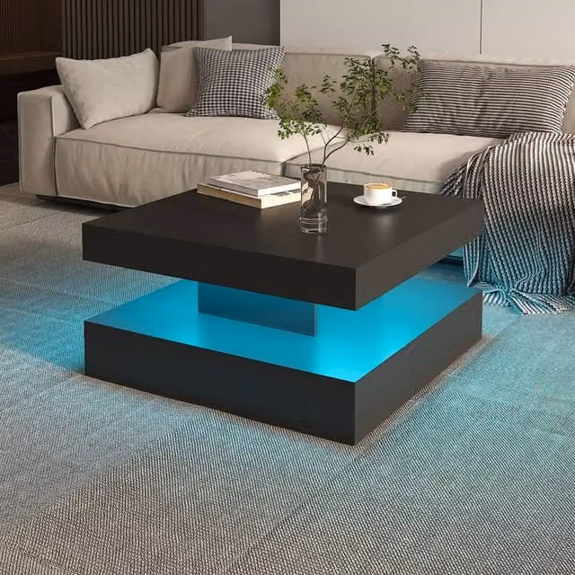 KEEPREAPER Black Square 2-Tier Coffee Table with LED Light and Storage