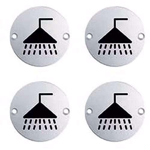 Loops 4 Pack Bathroom Door Shower Symbol Signs in Brushed Silver Stainless Steel, Diameter: 76 mm, Fixing Centres: 64 mm – 1