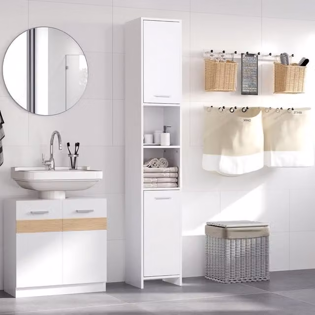 HOMCOM White Slim Tallboy Bathroom Floor Storage Cabinet with Hinged Doors and Internal Shelves, H 190 x W 30 cm