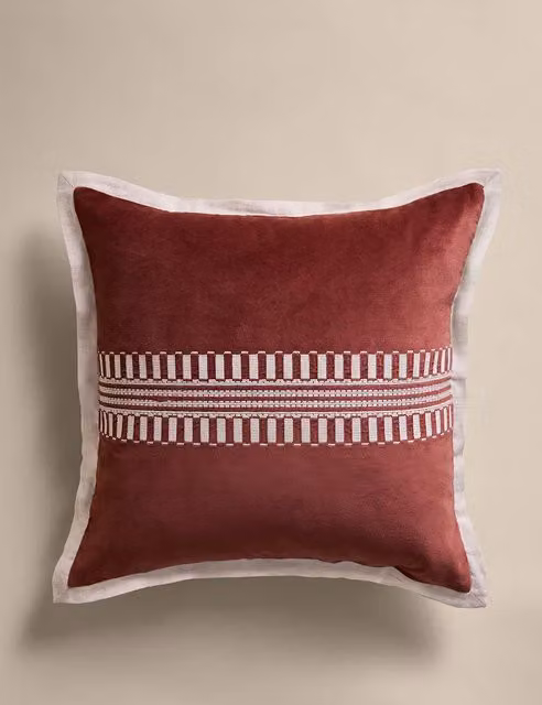 M&S Pure Cotton Velvet Embroidery Panel Cushion in Chestnut Brown