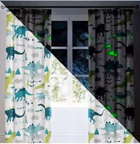 Bedlam Dino Glow In The Dark Lined Pencil Pleat Curtains, Multicolour, W: 168 cm, H: 183 cm – 2