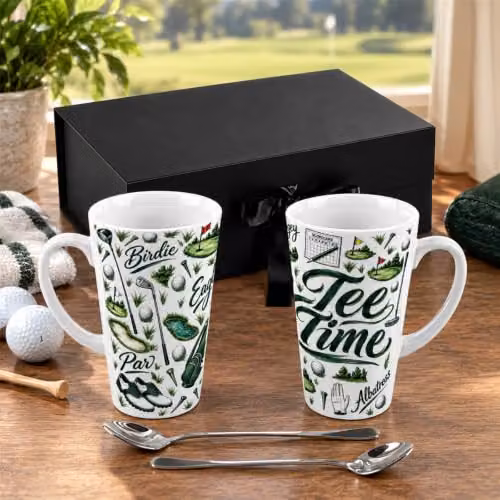 Purely Home Tee Time Tall Latte Mugs and Spoons Gift Boxed Set in Green and White – 2