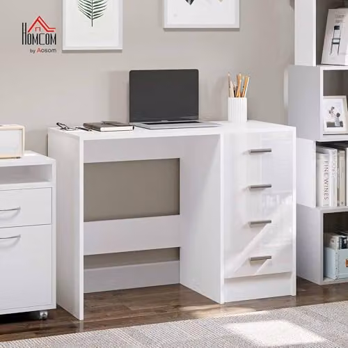 HOMCOM High Gloss Computer Writing Desk with Drawers, White – 2