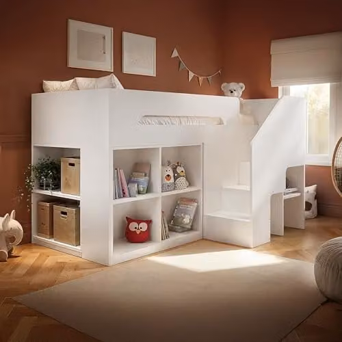 Flair Quinn Mid Height Staircase Mid Sleeper Bed with Storage and Side Compartments in White and Green, W/D/H: 200 x 90 x 142.4 cm – 1