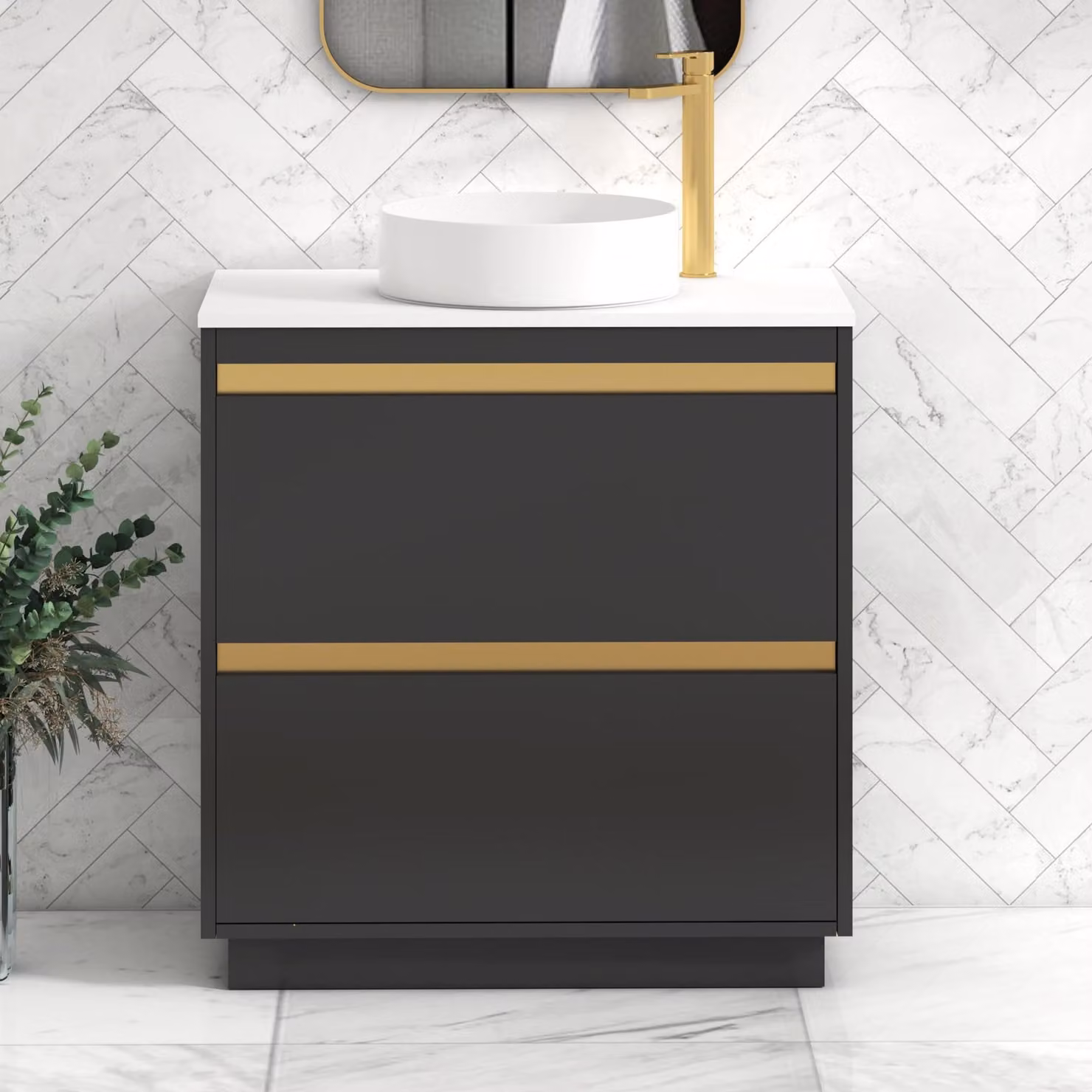 Royal Bathrooms Orion 800mm Matt Obsidian Black Floor Standing 2 Drawer Vanity Unit with Plain White Undrilled Worktop and Brushed Brass Accent Trim