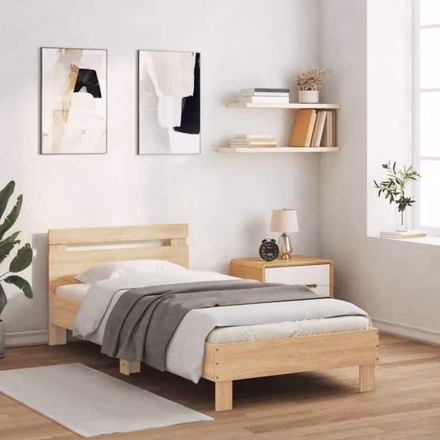Berkfield Home Sonoma Oak Bed Frame with Headboard in Brown, W/D/H: 100 x 200 cm