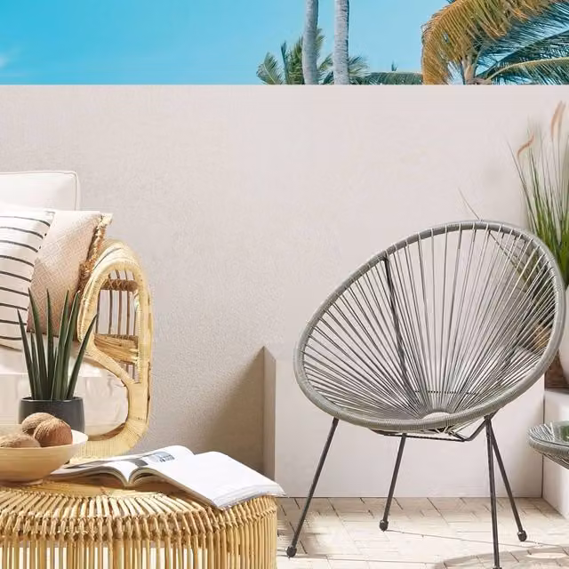 Wyld and Coco Modern Papasan Garden Chair in Dark Grey PE Rattan and Metal