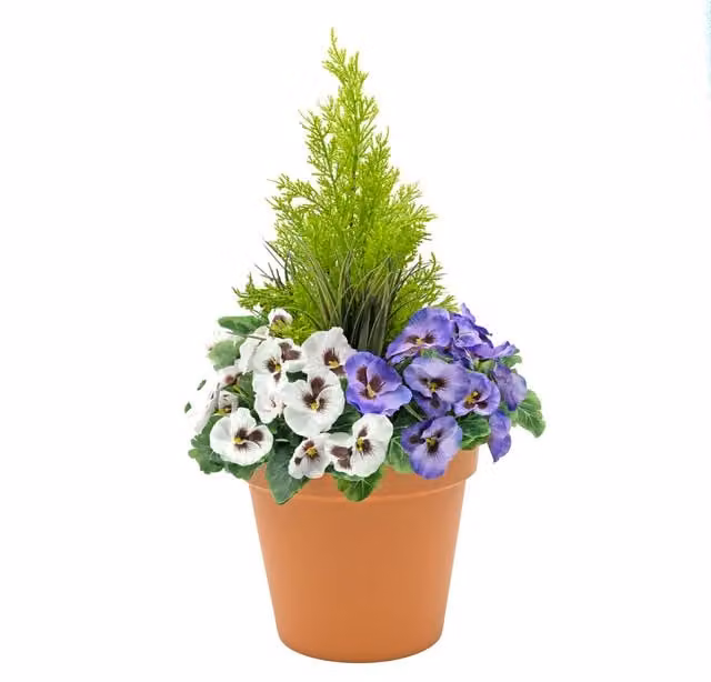 GreenBrokers Artificial Purple and White Pansies in a Round Terracotta Style Plastic Tabletop Planter