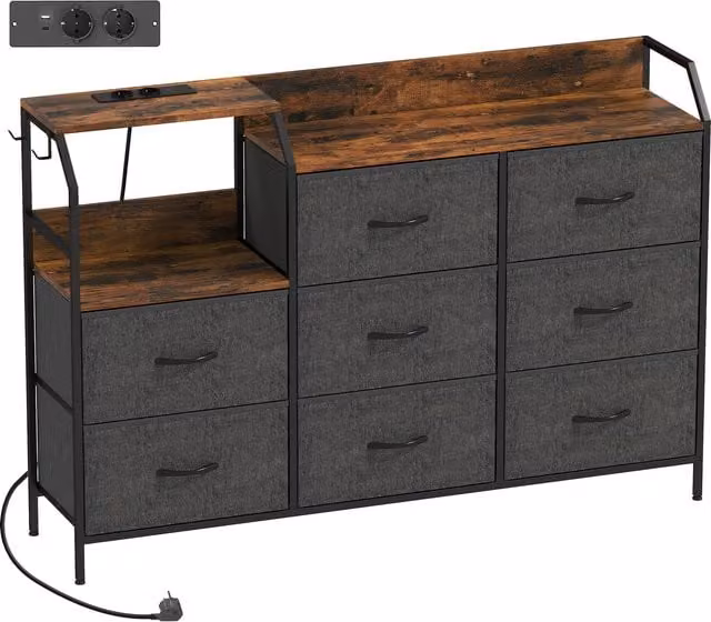 HOMCOM Industrial Eight Drawer Chest with Charging Station in Brown and Black