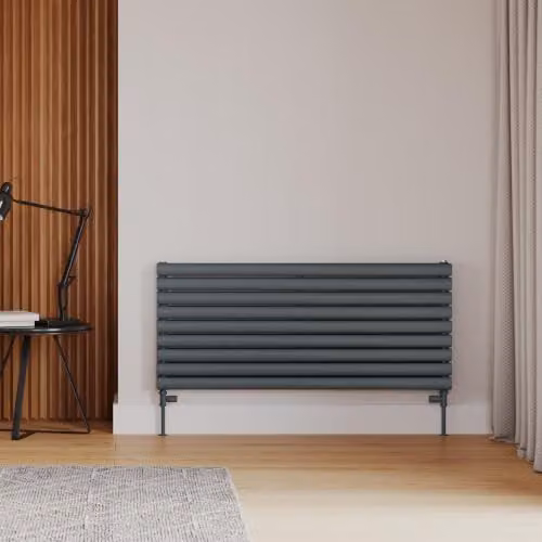 UK Radiators Omeara Axis Anthracite Elliptical Tube Horizontal Designer Double Panel Radiator W: 120 cm, H: 52.2 cm – 3