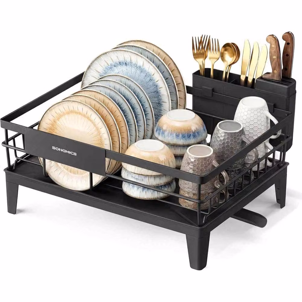 The Bazaarist Rotating Dish Drying Rack with Cutlery Holder and Drip Tray, Black – 2