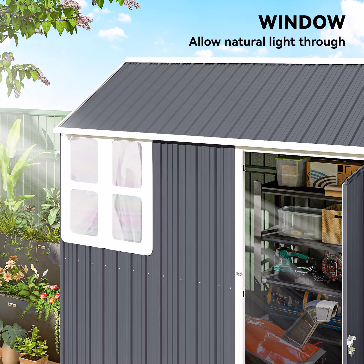Outsunny Galvanised Steel Garden Shed with Latch and Window in Dark Grey – 5