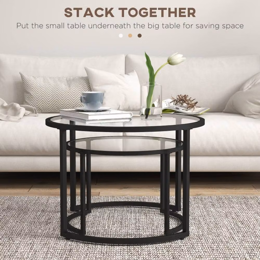 STILVORA Set of 2 Modern Round Nesting Coffee Tables with Black Glass Tops – 3