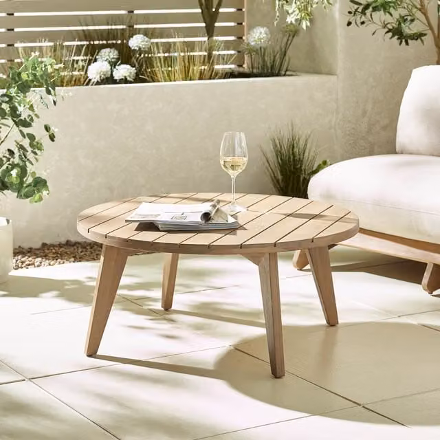 FurnitureboxUK Iko Round Acacia Wood Garden Coffee Table in Natural Brown