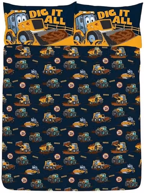 JCB Dig It Childrens Duvet Cover and Pillowcase Set, Yellow and Black, W/D/H: 140 x 200 cm and 90 x 200 cm
