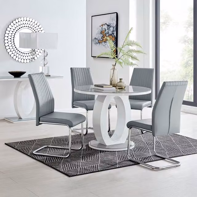 FurnitureboxUK Giovani Round Dining Table and Four Lorenzo Chairs Set with Grey Glass Top and Mustard Faux Leather Chairs, Diameter: 100 cm, Height: 75 cm – 1