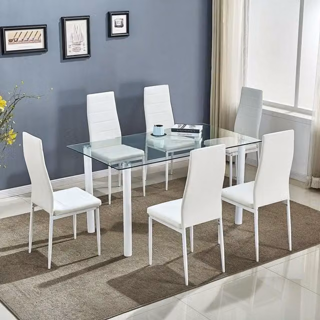 KOSY KOALA Modern Glass Dining Table Set with 6 White Chairs