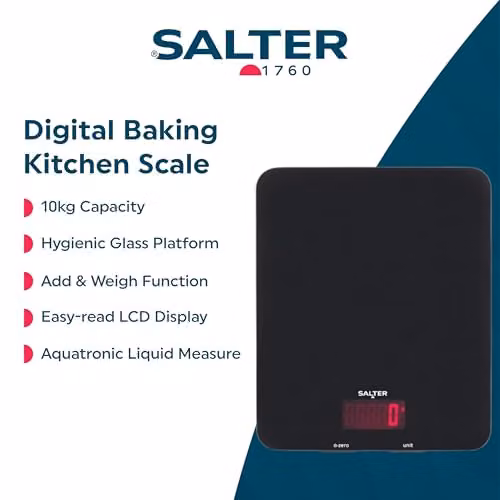 Salter Electronic Kitchen Scale with Glass Platform, 10kg Capacity, Add and Weigh Tare Function, Available in Red or Black – 2