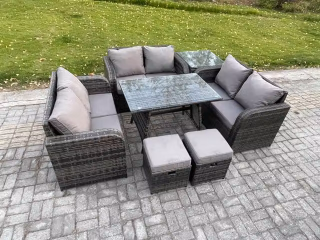 Fimous 8 Seater Rattan Garden Furniture Set in Dark Grey with Rectangular Dining Table, Side Table and 2 Footstools