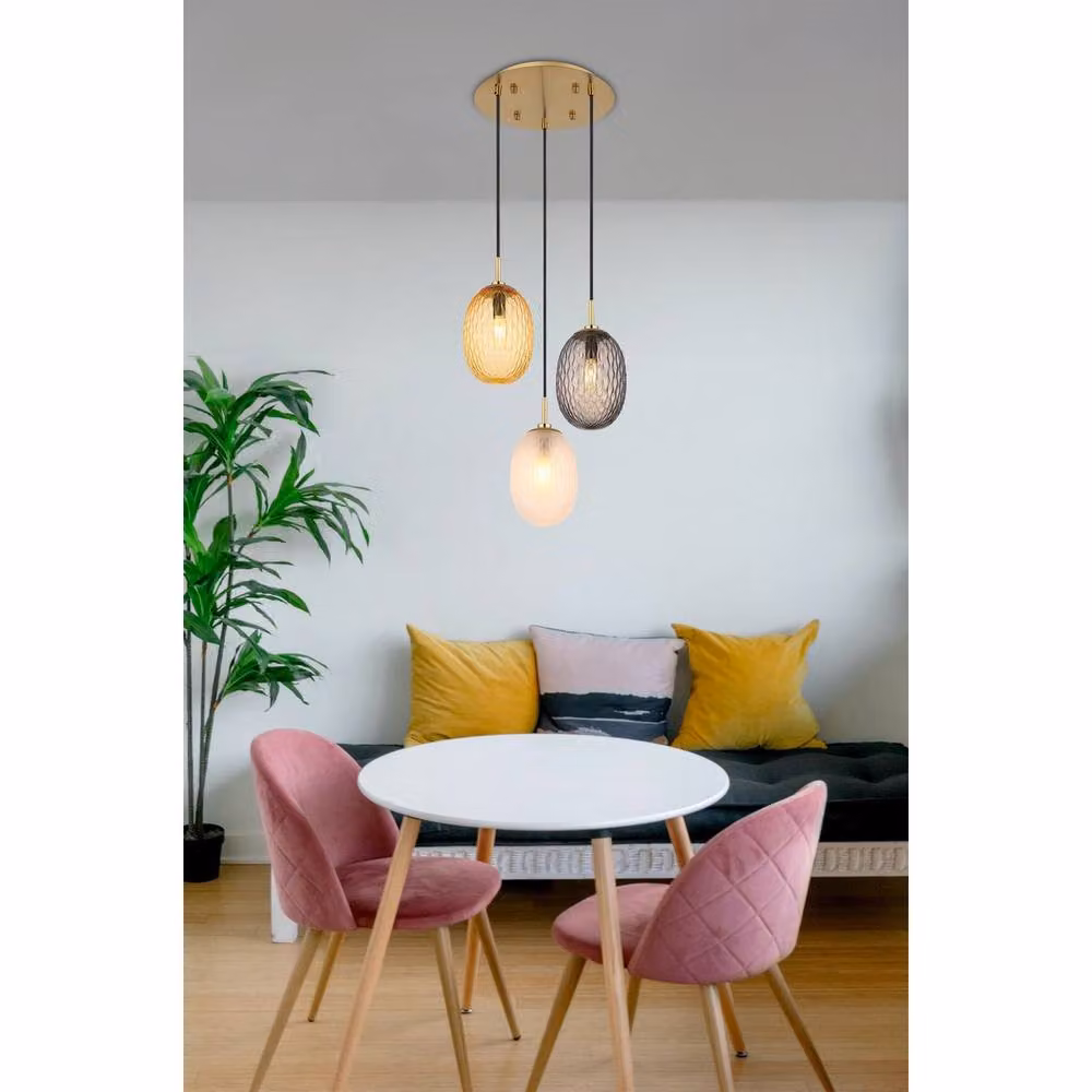 Netlighting Devin Cluster Pendant Light in Gold/Brass with Matt Glass Shades, 3x E14, Height Adjustable – 3