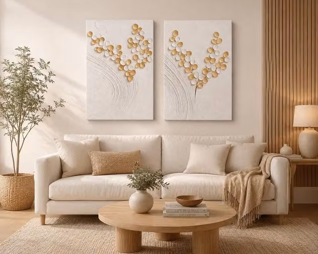 Mafett Set of 2 Abstract Floral Canvas Wall Art Prints in White and Gold, W: 45.72 cm, H: 60.96 cm