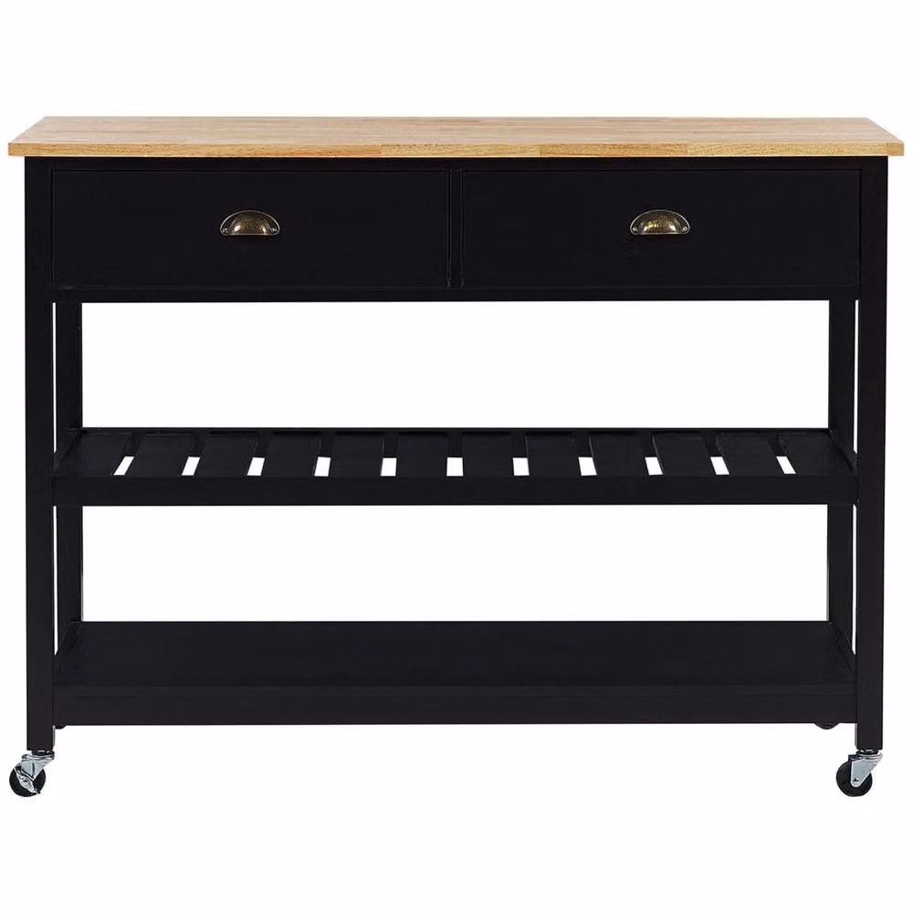 Wyld and Coco Nordic Scandinavian Kitchen Trolley in Black with Rubberwood Top, 2 Drawers and 2 Shelves – 4