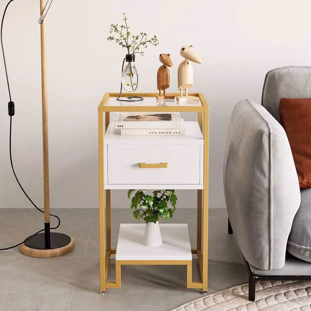 KORVIXA Gold and White Tempered Glass Top Side Table, W/D/H: 100 x 100 x 77.97 cm – 2