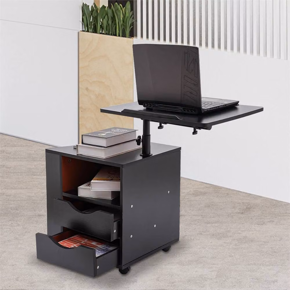 Nordara Adjustable Rotating Bedside Table with Wheels and 2 Drawers in Black – 4