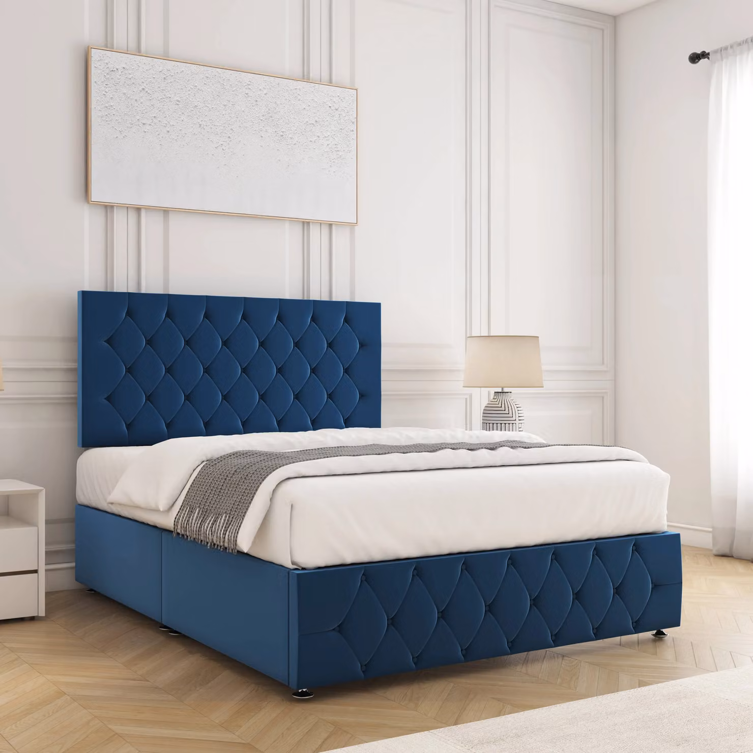 BSSPOKE Mulberry Blue Velvet Upholstered Divan Bed with 24 inch Plush Headboard and Footboard and Mattress, Double, W/D/H: 140 x 200 cm – 2