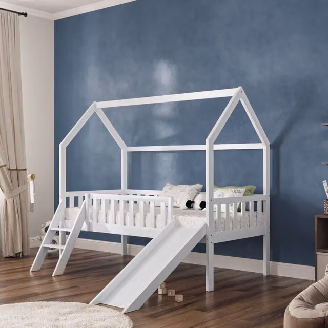 Flair Explorer Playhouse Midsleeper Bed with Slide and Rails in White Solid Pine Wood