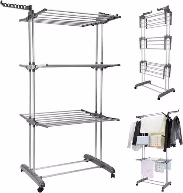 FORGEVIO 4 Tier Foldable Clothes Airer Rack in Silver with Wheels and Hooks
