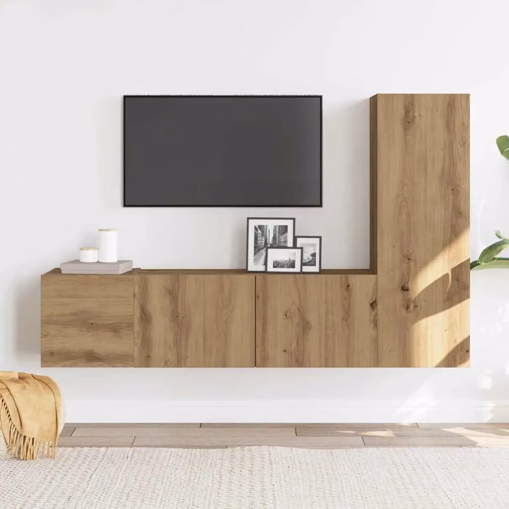 Berkfield Home Artisan Oak Wall Mounted TV Cabinets, 3 Piece Set in Brown Matt Engineered Wood – 2