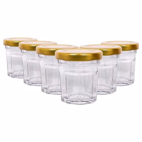 Argon Tableware Glass Jam Jars with Gold Metal Screw Tops, 30ml, Pack of 6