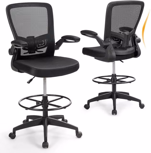 Set of 2 Costway Ergonomic Height Adjustable Drafting Chairs in Black with Fabric Upholstery and Foot Ring
