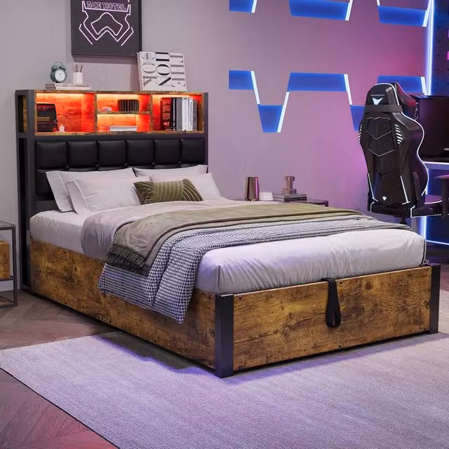 Rolipo 3ft Single Hydraulic Storage Bed Frame in Brown with LED Lighting and USB Charging Ports, W/D/H: 90 x 190 cm – 1