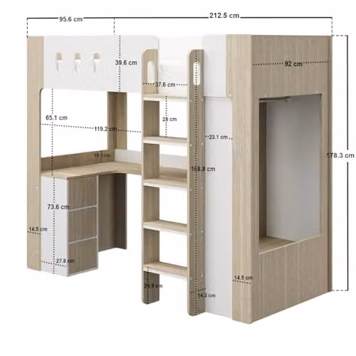 Flair Furnishings Willow High Sleeper with Desk and Storage, White and Oak, Single – 2