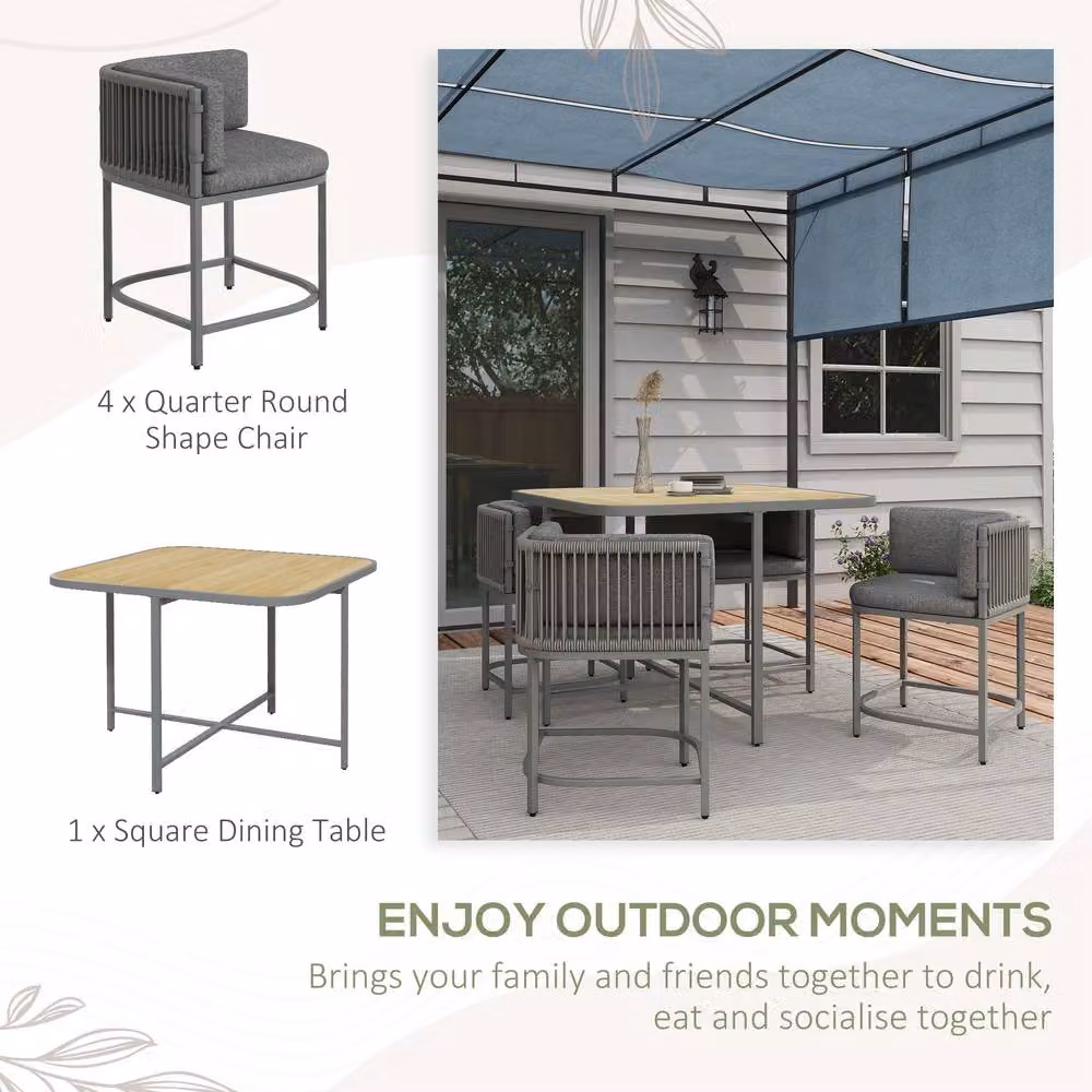 OUTSUNNY 5 Piece Grey Rattan Cube Garden Dining Set with Square Table – 3
