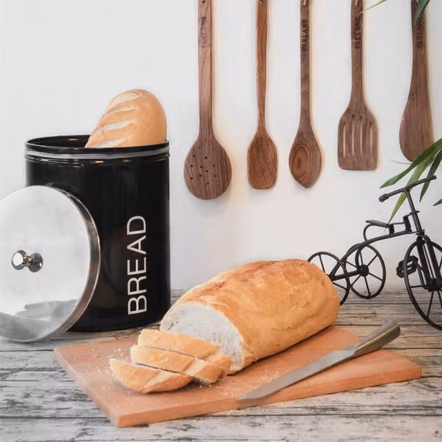 Harbour Housewares Airtight Round Metal Kitchen Bread Bin in Black
