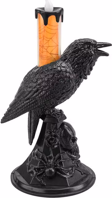 VFM e-Store Flameless Halloween Crow Candle in Orange, H 20.3 cm x W 20.3 cm x D 10.0 cm