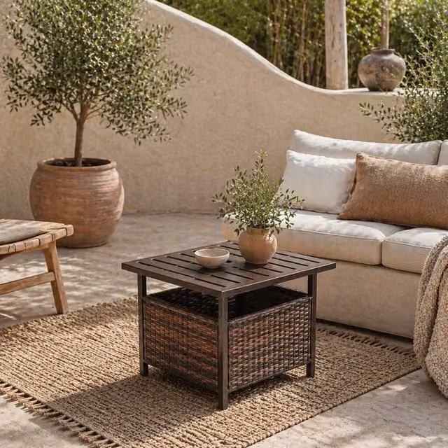 Wyld Haus Lalema Brown Square Rattan Outdoor Coffee Table with Umbrella Hole – 1