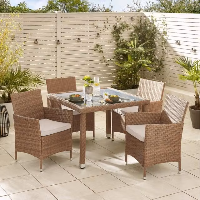 Furniturebox Barbados 4 Seat Outdoor Rattan Dining Table and Chairs Set with Glass Top in Beige