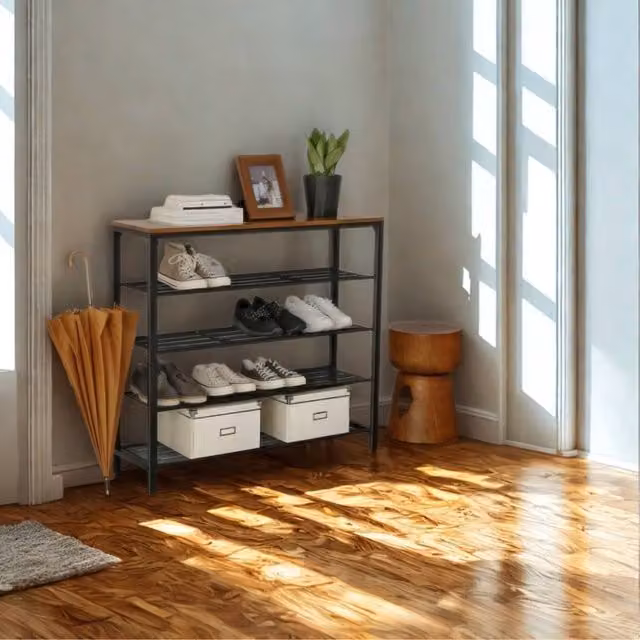 Pirlo Plush 5 Tier Industrial Shoe Rack and Hallway Storage Organiser in Brown and Black