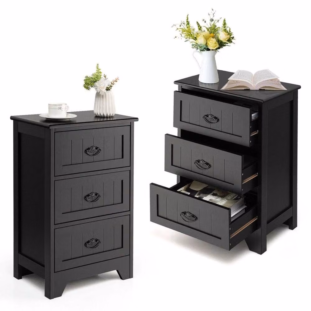 VOGREX Vintage Black Lacquered Wood 3-Drawer Bedside Nightstand Side Table – 3