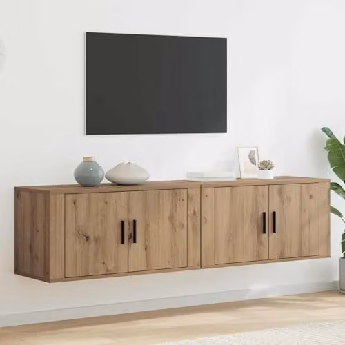 vidaXL Modern Wall-Mounted TV Cabinet and Lowboard Set in Brown Oak Wood Finish, W/D/H: 80 x 40 x 34.5 cm – 1