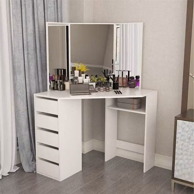 Kosy Koala Corner Dressing Table Makeup Vanity Set with 3 Mirrors and 5 Drawers in White
